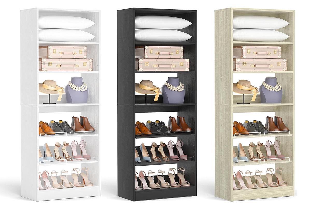 Cyclysio 75” Closet System with Shoe Rack and Hanging Rods, Modern Walk-in Closet Organization Wardrobe with Wooden Drawers and Mirror and Shelves