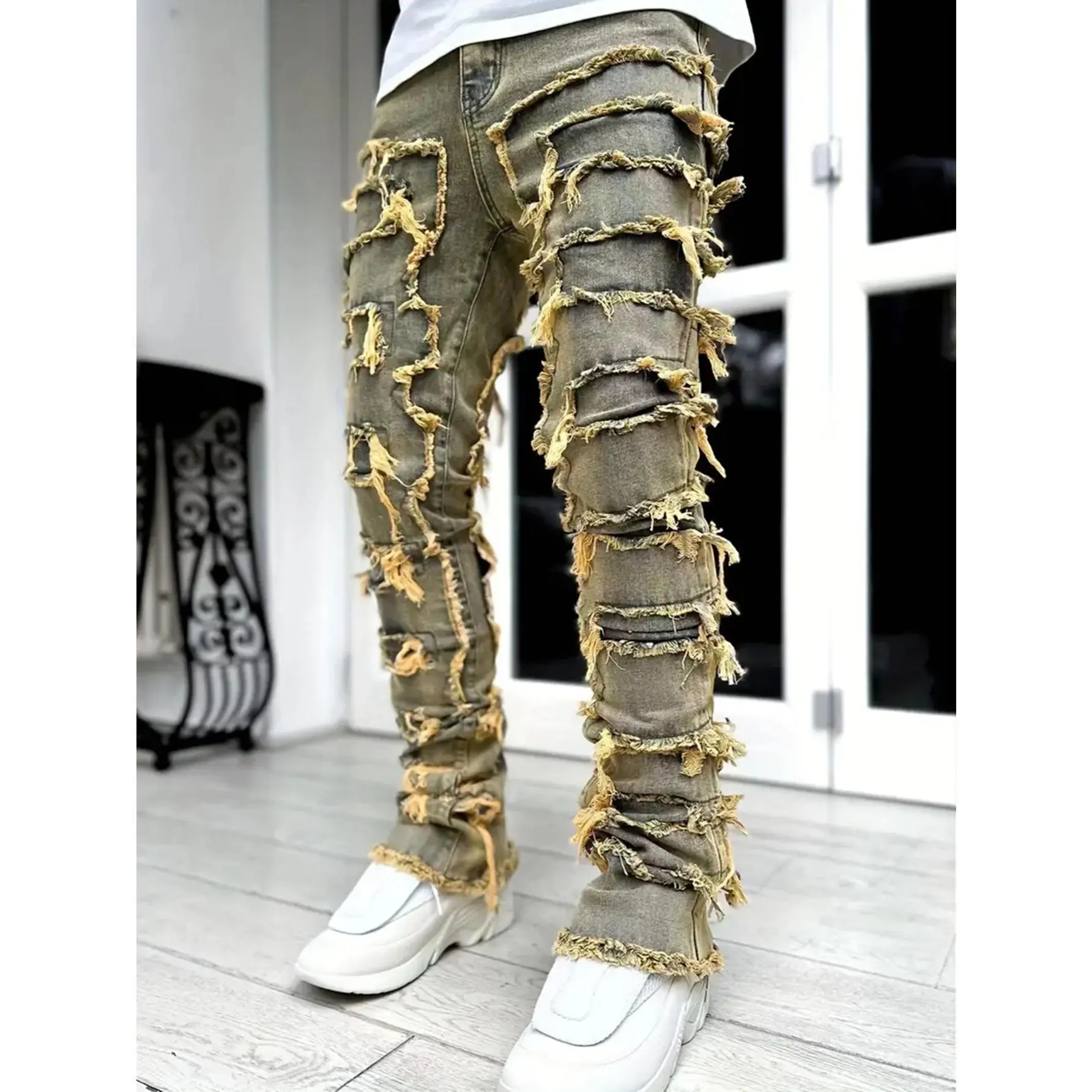 Stacked distressed design, ripped detailing, bold street style • MatDurable denim fabric, classic vintage wash Tailored fit with stacked leg detail, stands out in any crowd Ideal for streetwear, casual outings, fashion-forward looks