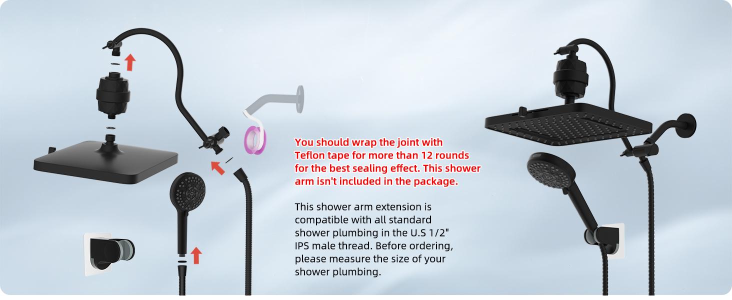 Hibbent Upgraded 5-spray 13'' Dual Filtered Rainfall Shower Head Combo, High Pressure 10-setting Handheld Shower Head with 12'' Adjustable Extension Arm, 20 Stage Shower Filter, 71'' Hose, Matte Black