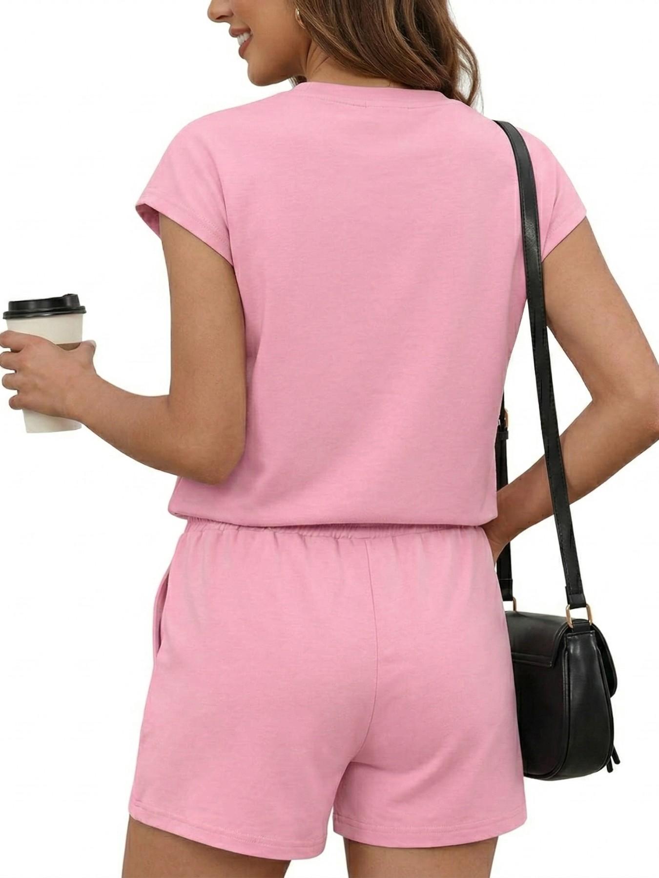 Women's Spring Summer New Casual Home Sports Two-Piece Set, Round Neck Pleated Top with Tie Shorts, Breathable Slim Fit