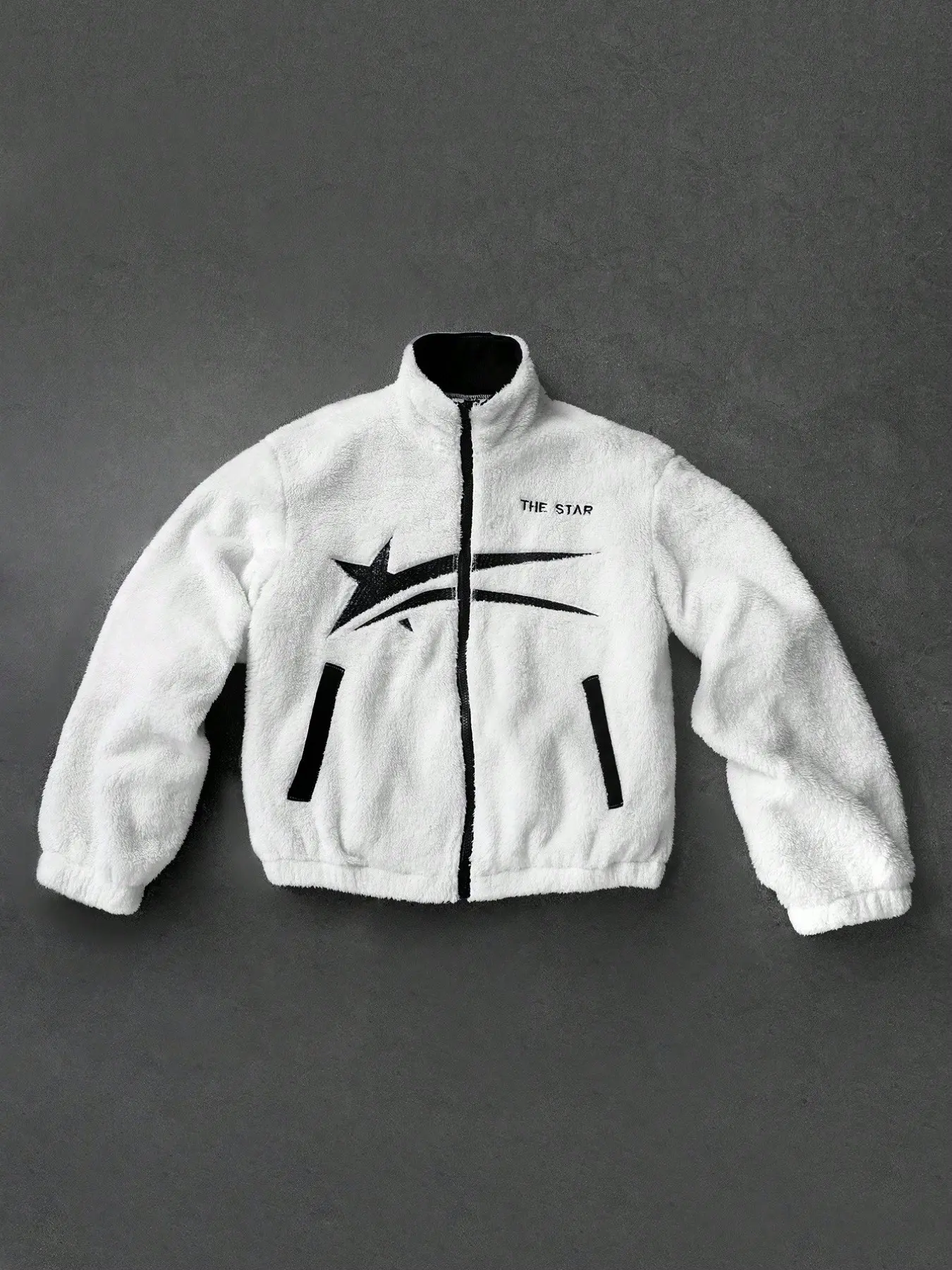 Men's Zipper Jacket with Star Pattern and 'the Star' Text, Stand Collar, Pocket Trim, Zipper Binding, Fashionable, Casual and Design