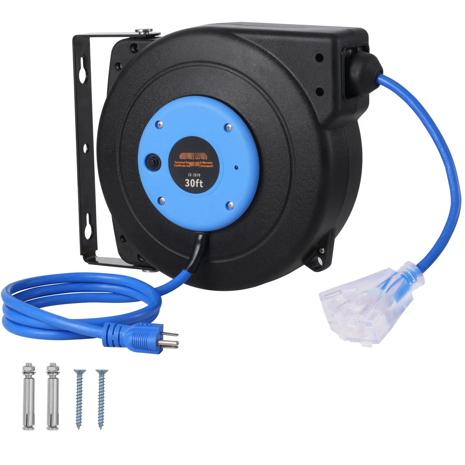 Retractable Extension Cord Reel for Indoor Outdoor Use, 30 Ft Long, 16 AWG 3-Conductor SJTOW Power Cable Reel with Auto Wind Retractor, Heavy Duty Construction, Durable Housing, Easy Cable Management, Wall Mountable Tangle-Free