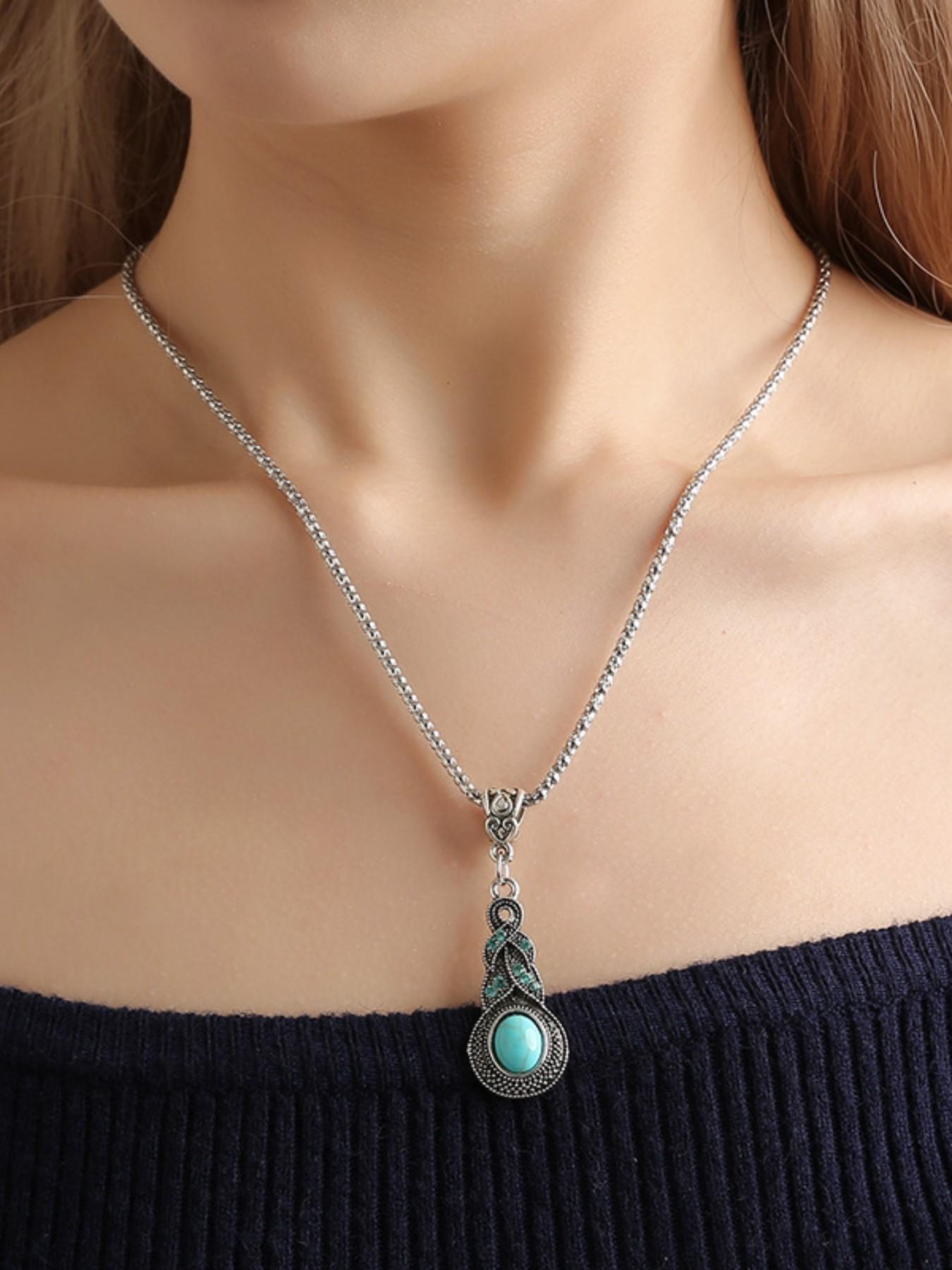 Turquoise Jewelry Set, Alloy Antique Silver Color, Vintage Bohemian Style, Women's Party Daily Commute, Holiday Gift, Teardrop Necklace Earrings Set