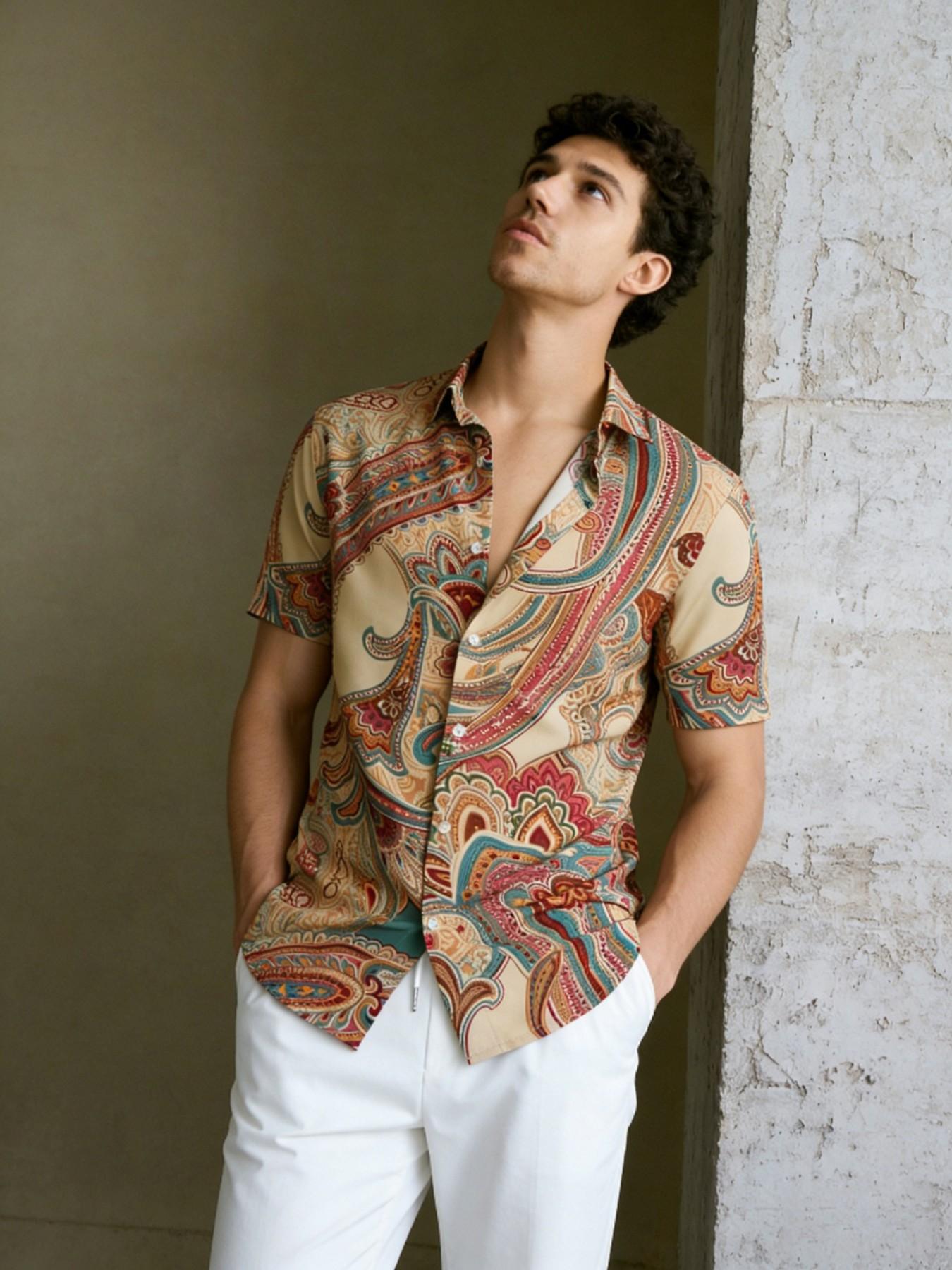 Vintage Floral Print Short Sleeve Shirt for Men, Summer Loose Fit Casual Vacation Style, American Hawaiian Beach Top