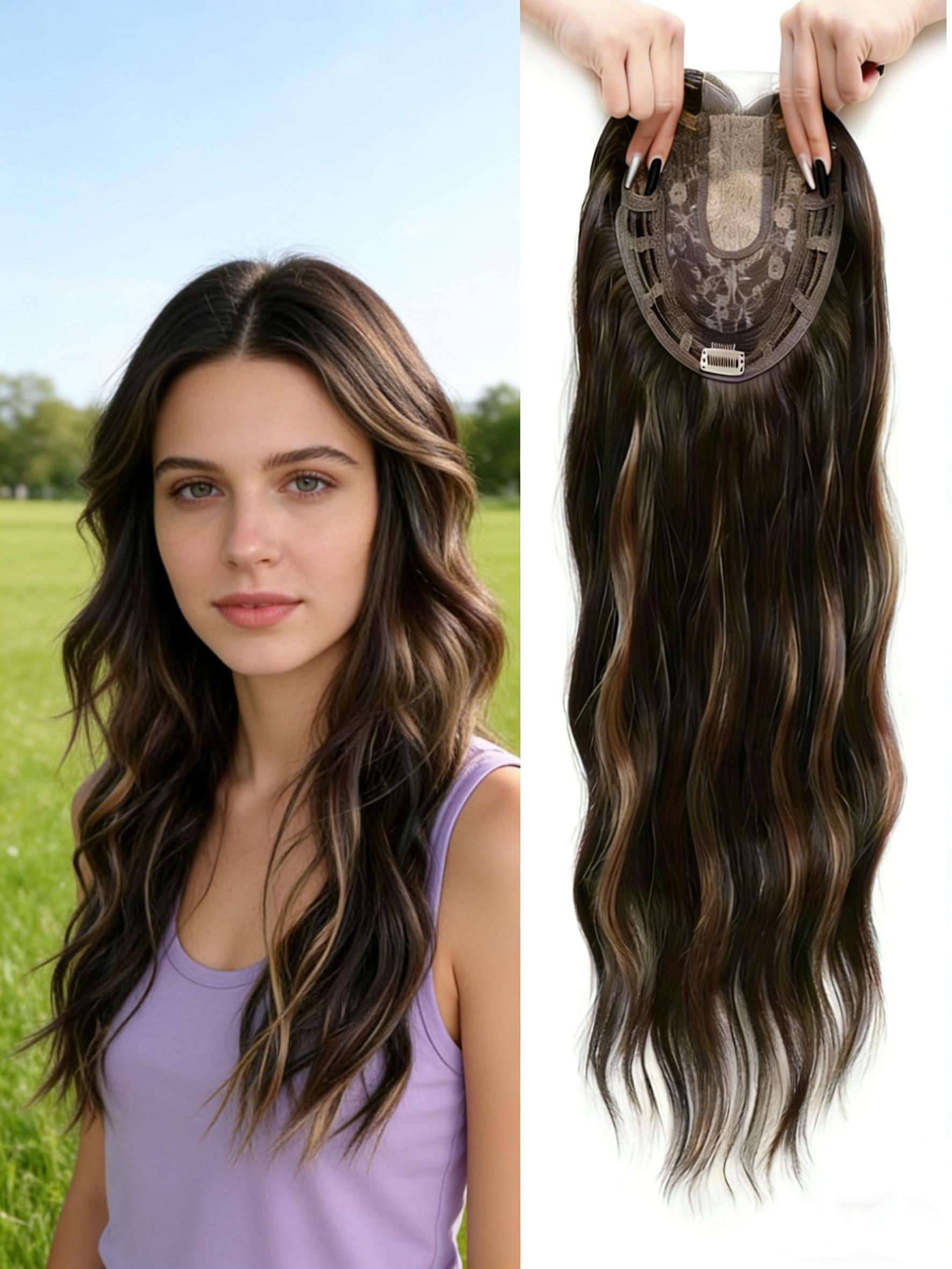 ✨Viral Long Wavy Hair Topper, Dark Brown Balayage with Natural Highlights, Invisible U-Part Clip-In Extensions, Glueless Easy Wear for Natural Looking Hair