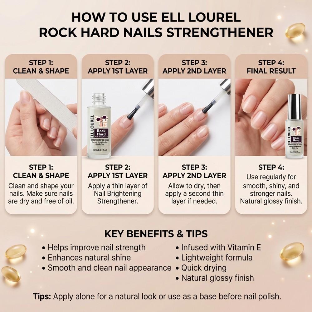 ELL LOUREL Rock Hard Nail Strengthener, 10ml Quick-Dry Keratin Infused Nail Hardener, Maximum Strength Formula for Brittle, Thin & Damaged Nails, Long-Lasting Nail Protection, Salon Quality Endurecedor de Uñas, 0.34fl.oz, Nail Care Serum Oil
