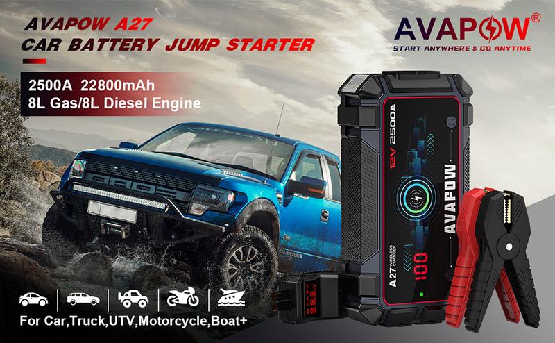 AVAPOW Jump Starter Car Battery 2500A Peak,Portable Jump Starters for Up to 8L Gas 8L Diesel Engine with Booster Function,Wireless Charging Design,12V Lithium Jump Pack with Smart Safety Clamp, IP65