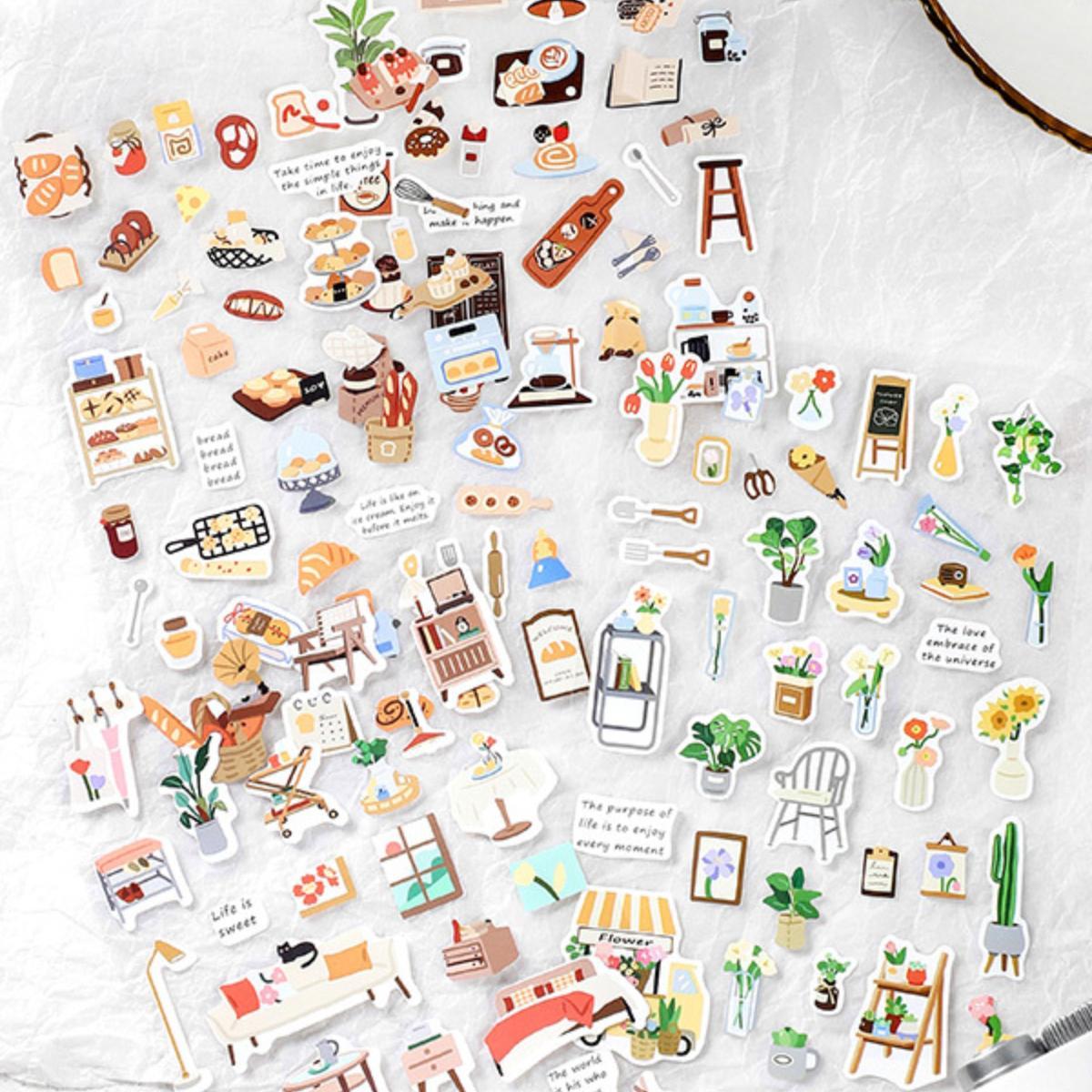 Cartoon Daily Life Series Sticker Packs, 4 Sheets/set Mixed Pattern Self Adhesive Decal, DIY Creative Paster for Gifts Bottle Scrapbook Phone Case Guitar