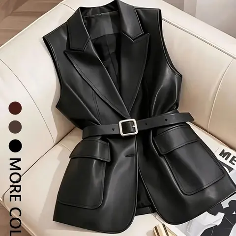 Women's Fitted Faux Leather Sleeveless Gilet Vests with Notched Lapels and Tailored Waist, Fall/Winter Layering Piece for Casual Streetwear (Belt Not Included)