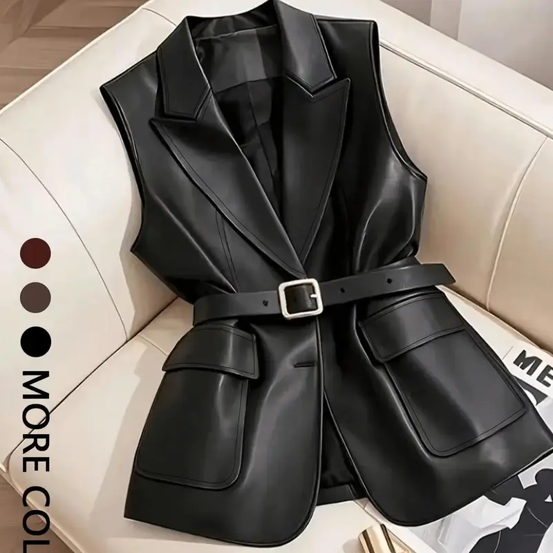 Women's Fitted Faux Leather Sleeveless Gilet Vests with Notched Lapels and Tailored Waist, Fall/Winter Layering Piece for Casual Streetwear (Belt Not Included)