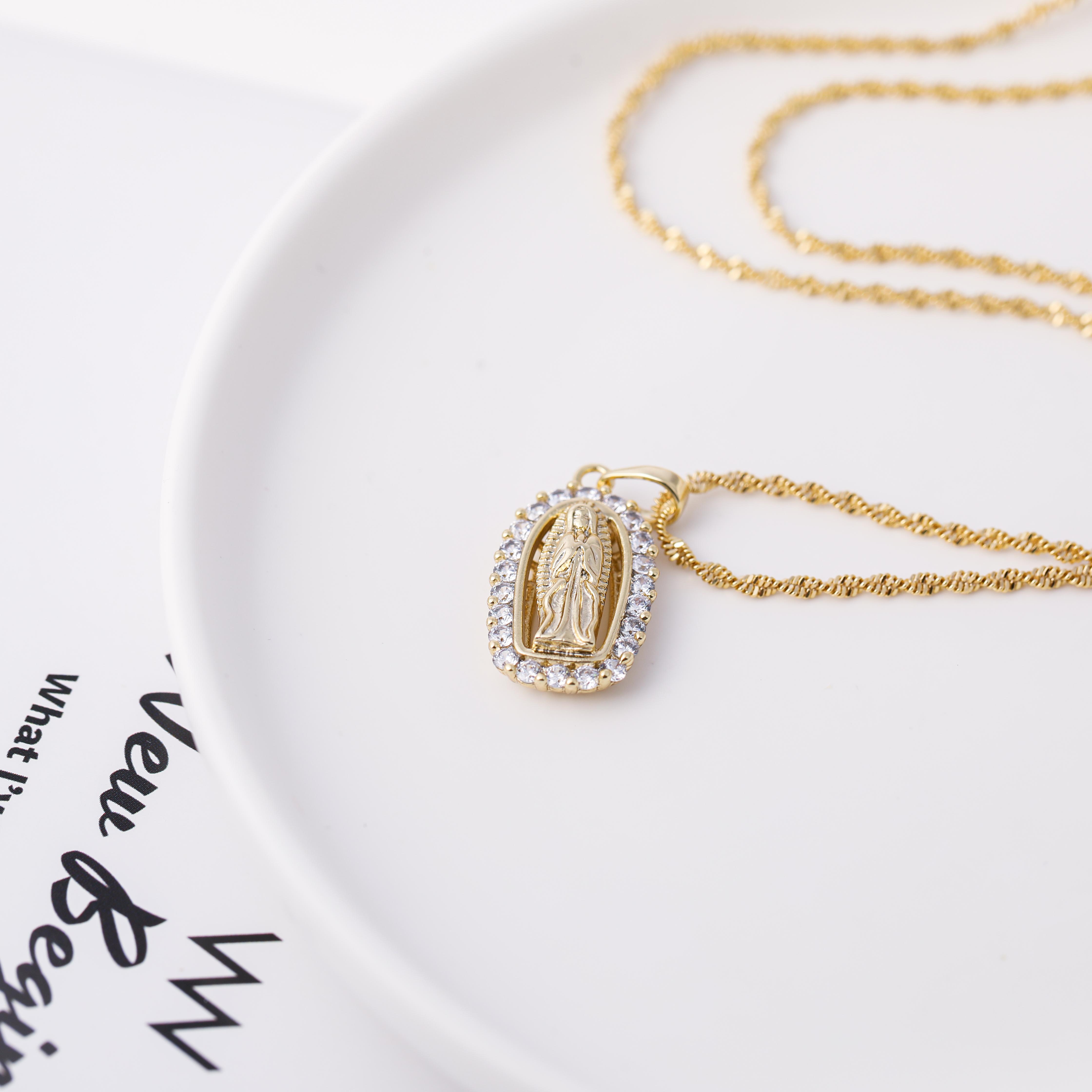 Mytys Virgin Mary Necklace CZ Cubic Zircon Pendant Double Threaded Chain Necklace Religion Jewelry for Women Modern Versatile Accessories