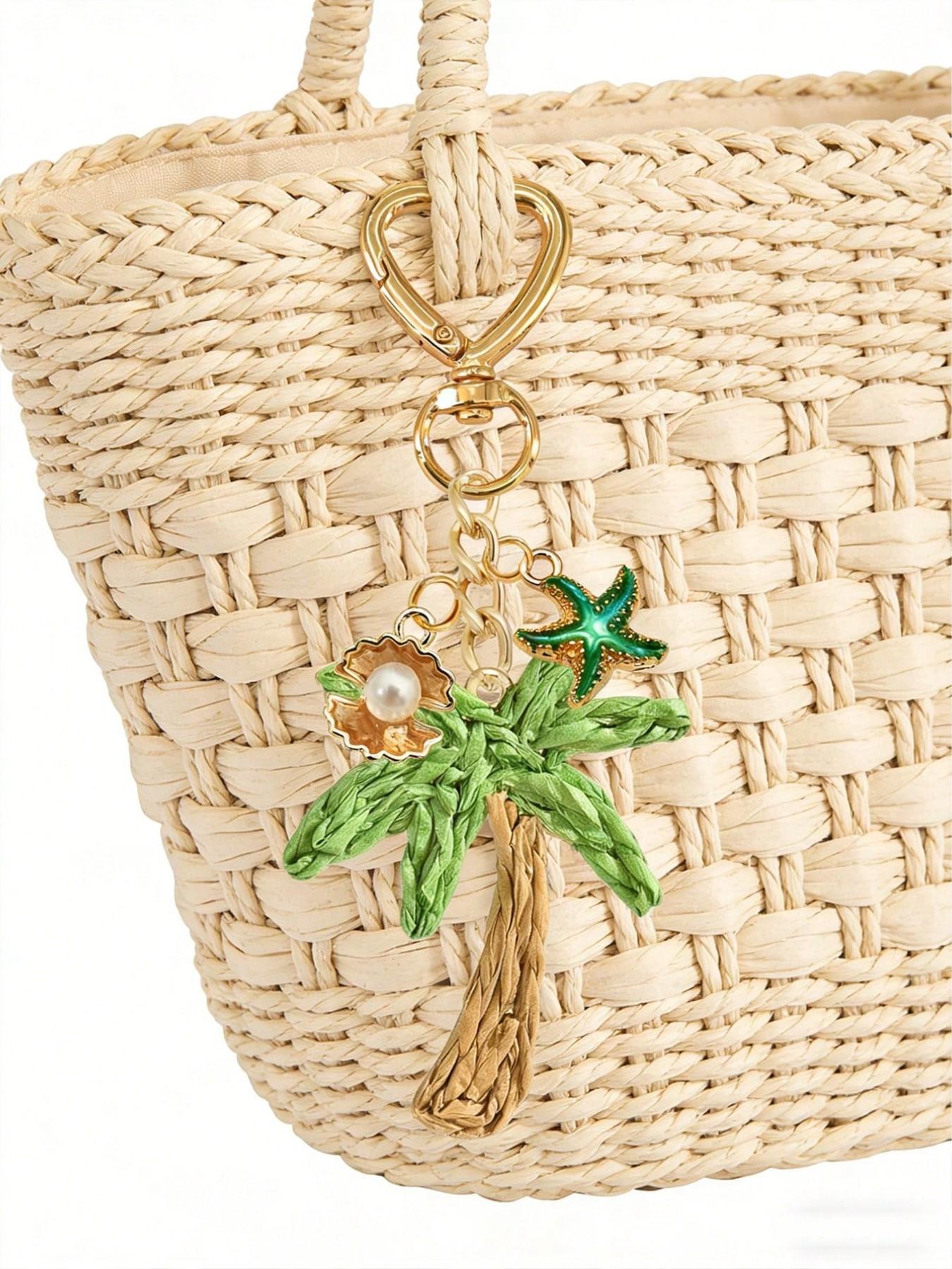 Handmade Coconut Tree Pendant with Shell and Starfish Elements, Bohemian Style, Woven Rattan, Ocean Alloy, Hawaii Style, Backpack Accessory