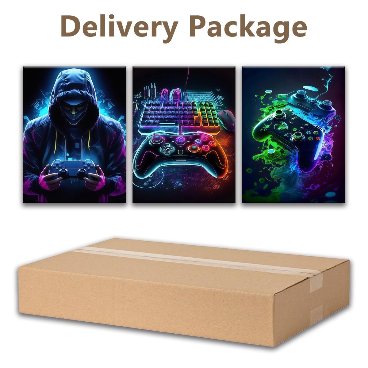 3-Pack Wood Frame Canvas Art, Neon Game Controller Wall Decor, Modern Home Decoration, Waterproof Odorless, Living Room Bedroom Office
