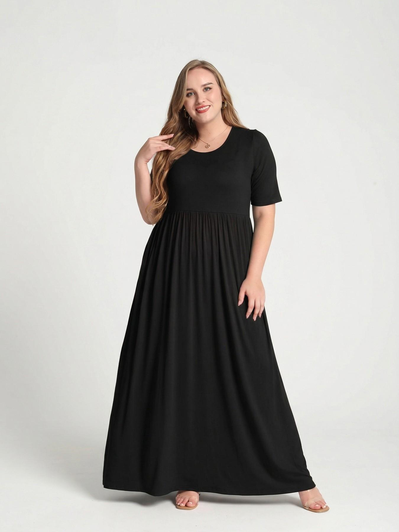 Plus Size Solid Black Maxi Dress | Short Sleeve High Waist Pleated Loose Casual Long Dresses