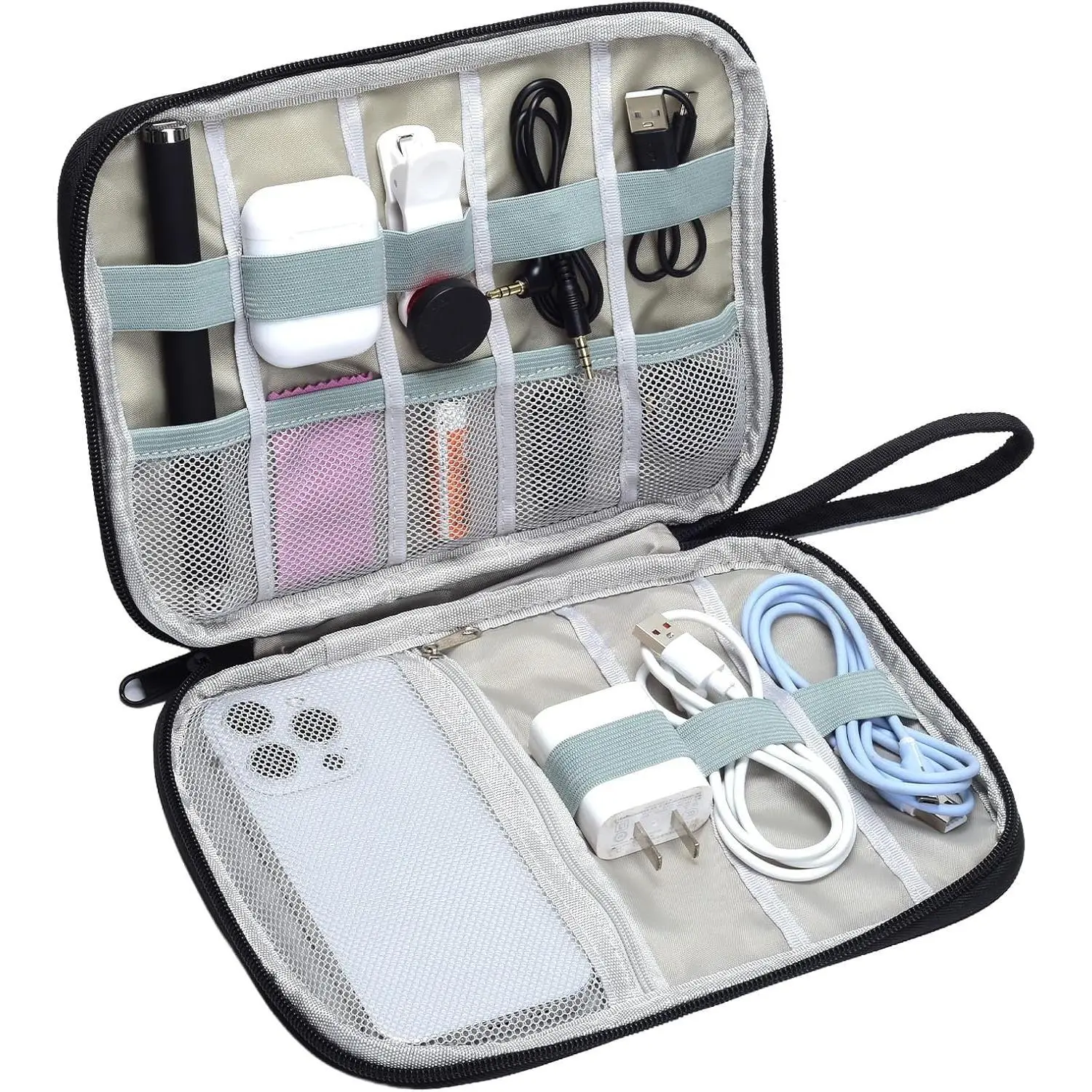 Travel Cable Organizer Pouch with Zipper Closure - Cord Holder, Storage Pouch for Cords, Chargers, Power Banks, SD Cards, Phones, Earphones (Black Home Organizer Tech Storage Bag)