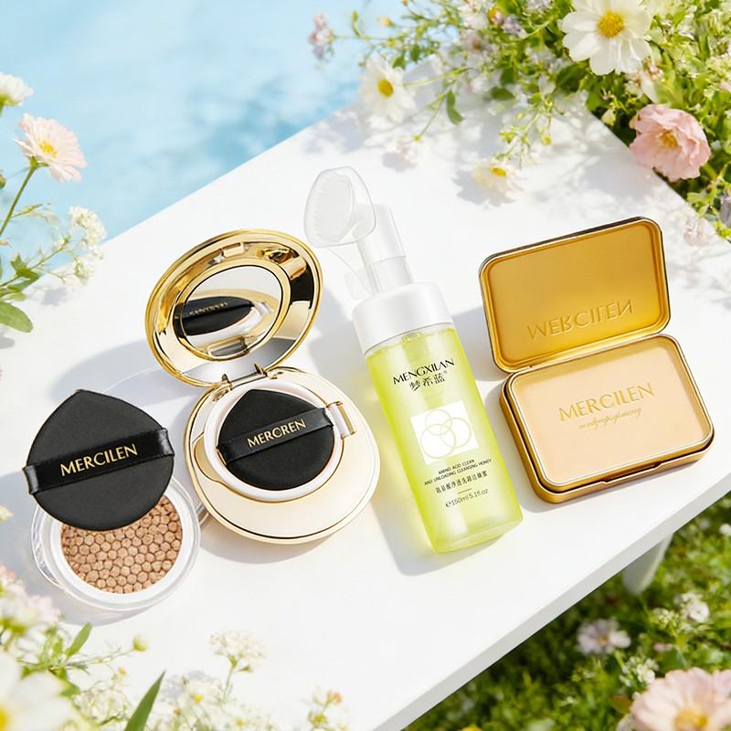 Mercilen Cushion Foundation Makeup Kit Set 4 Boxes, Pearl Skincare CC Cream 15g + Replacement Pad 15g + Makeup Remover 85g + Cleansing Honey 150ML