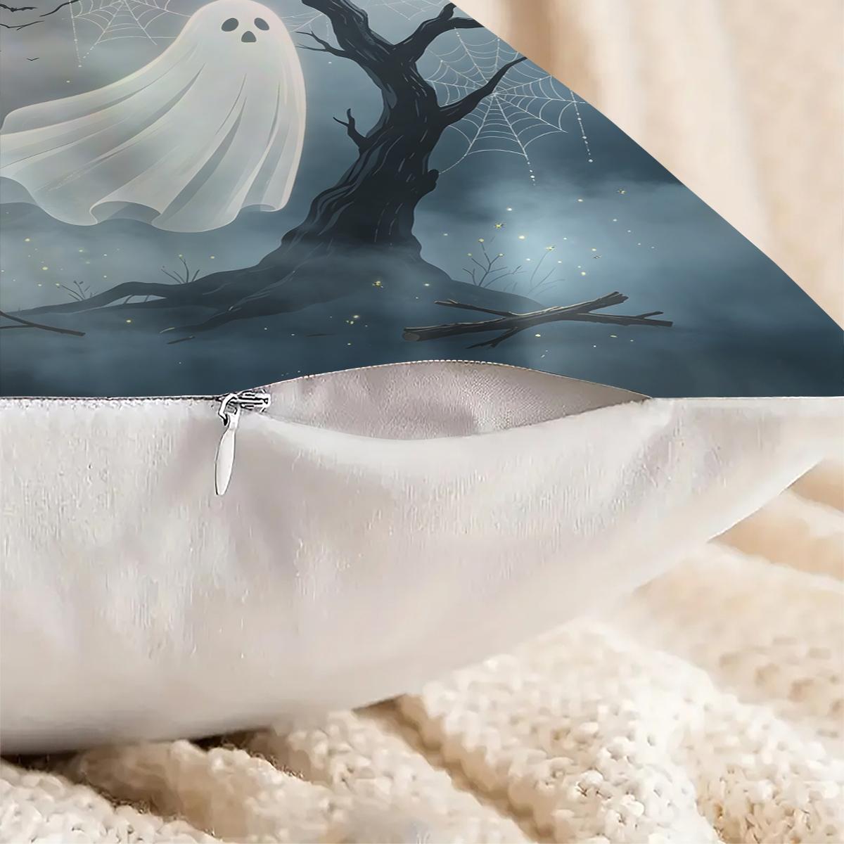Spooky Halloween Ghost Throw Pillow, featuring bat, bare tree and crescent moon night print, soft durable decorative pillow perfect for sofa, couch, bedroom, living room halloween party decor, comes with pillow insert