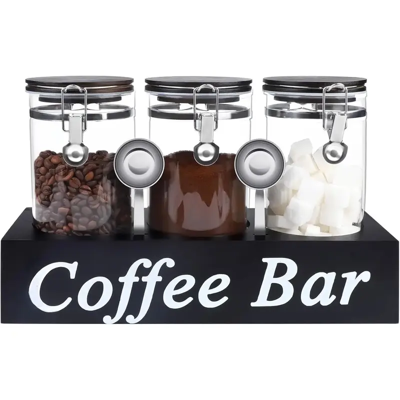 3-Count Transparent Glass Jar Set with Shelf, 54oz Airtight Seal Coffee Station Organizer, Locking Clamp Canisters with Spoon for Beans, Sugar
