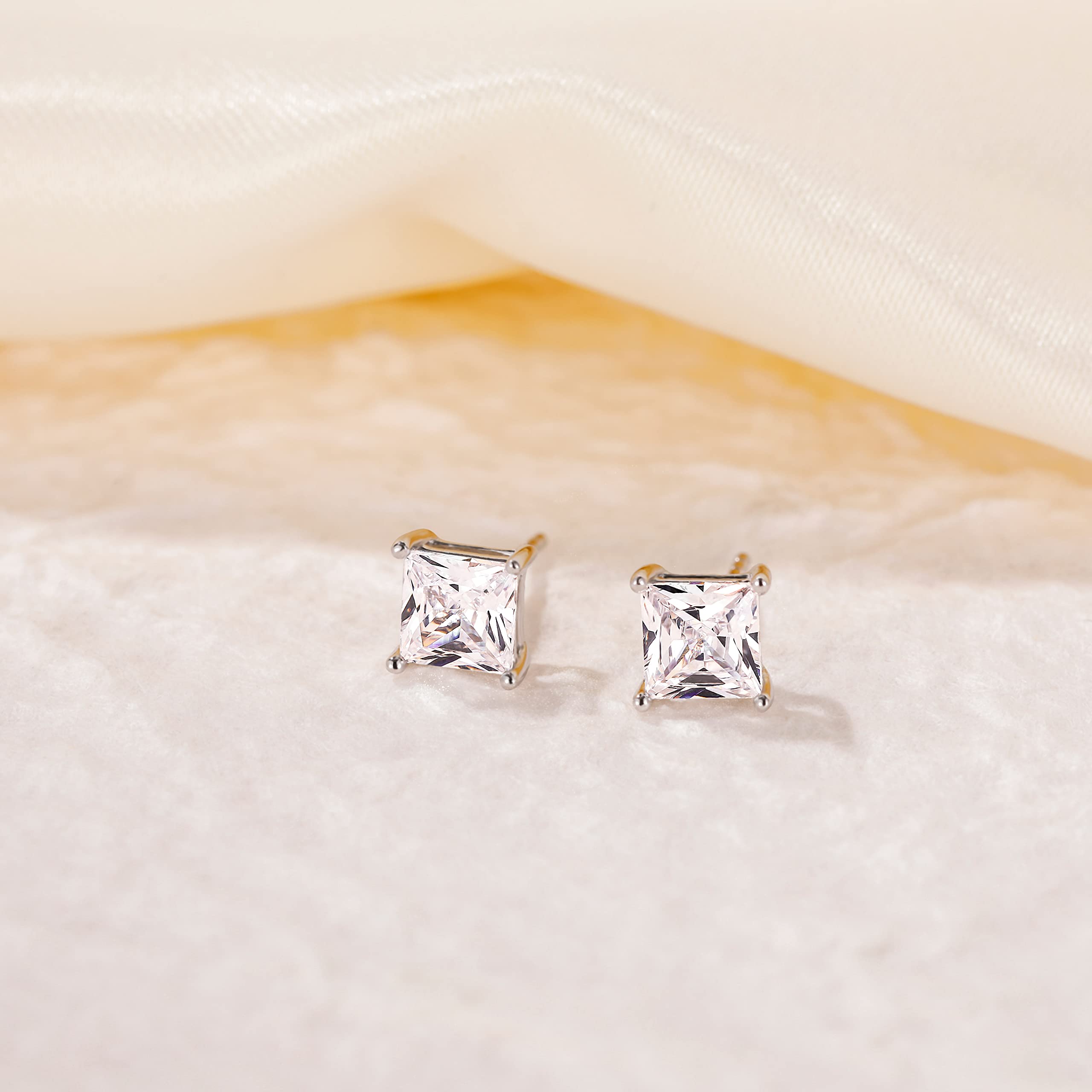 EAMTI 1 Carat*2 Princess Cut 925 Sterling Silver Cubic Zirconia Stud Earrings for Women CZ Stud Small Cute Earrings Hypoallergenic