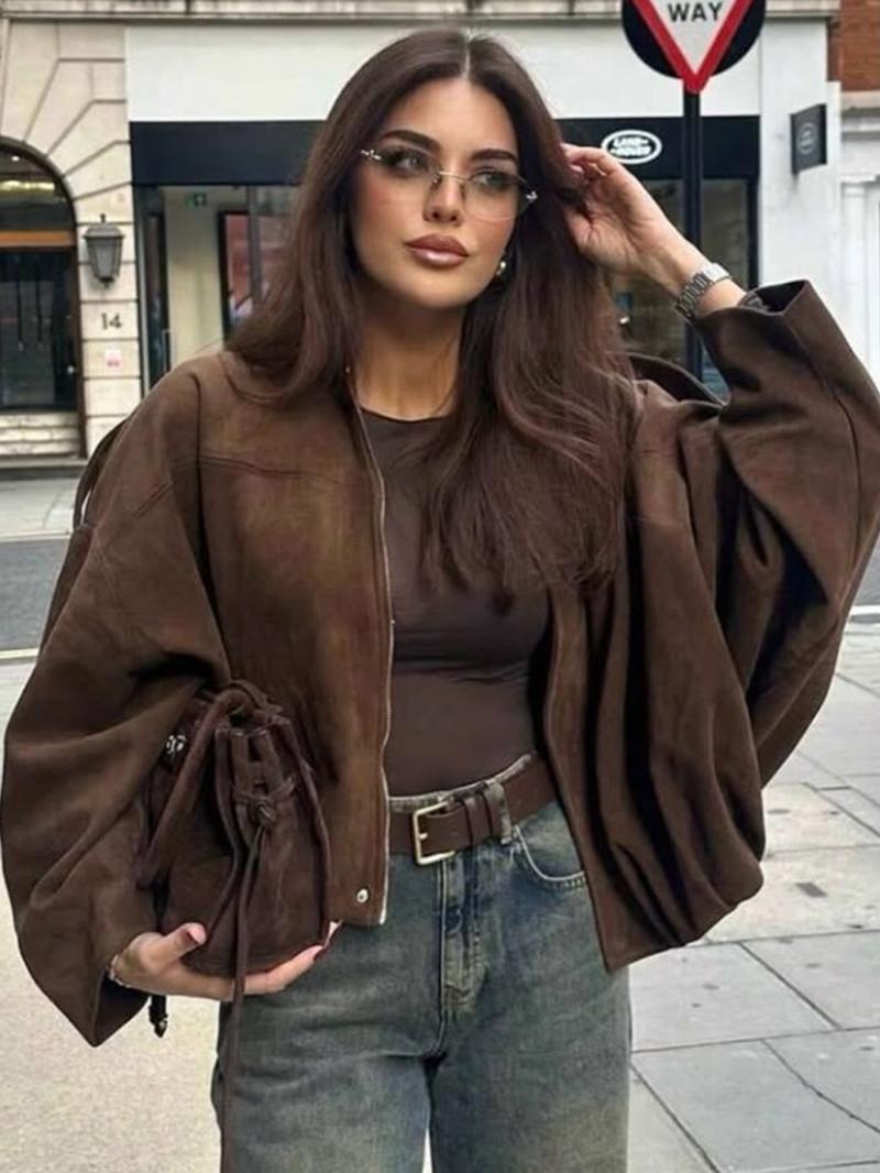Women's Cropped Suede Jacket Demi-Season Bomber Jacket Female Outerwears Street Long Sleeve Oversized Black Brown Green Red Jacket Woman Fashion Zip Up Short Coat