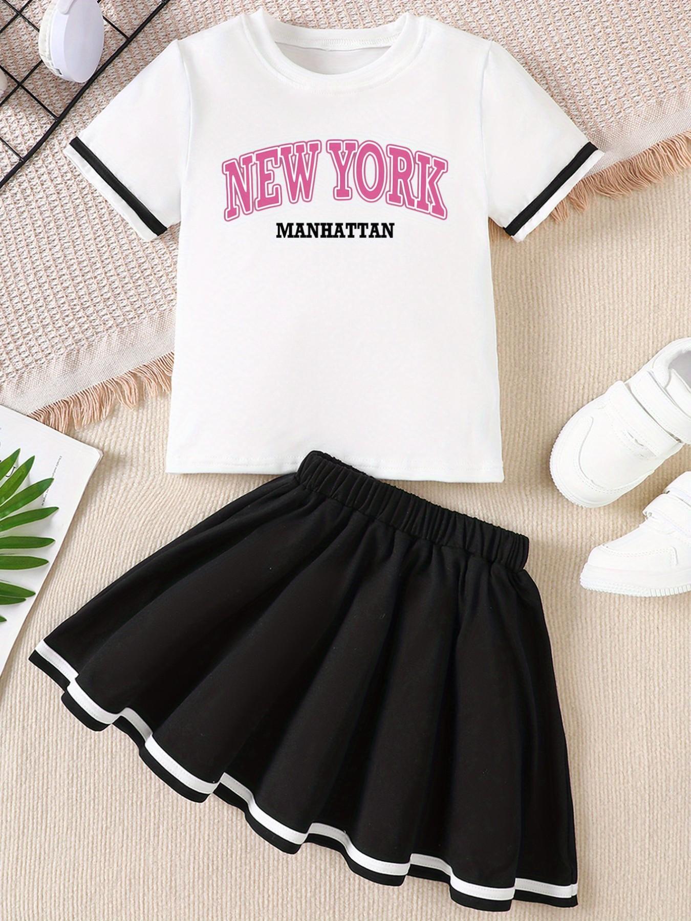 Girls' Minimalist White New York Manhattan Print T-Shirt Pleated Skirt Set, Preppy Classic Versatile 2-Piece Outfit