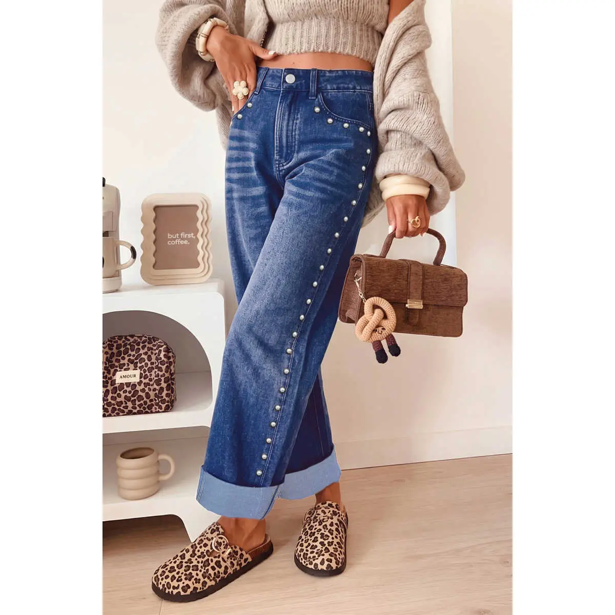 Navy Blue Studded Detail Straight Leg Casual Loose Jeans