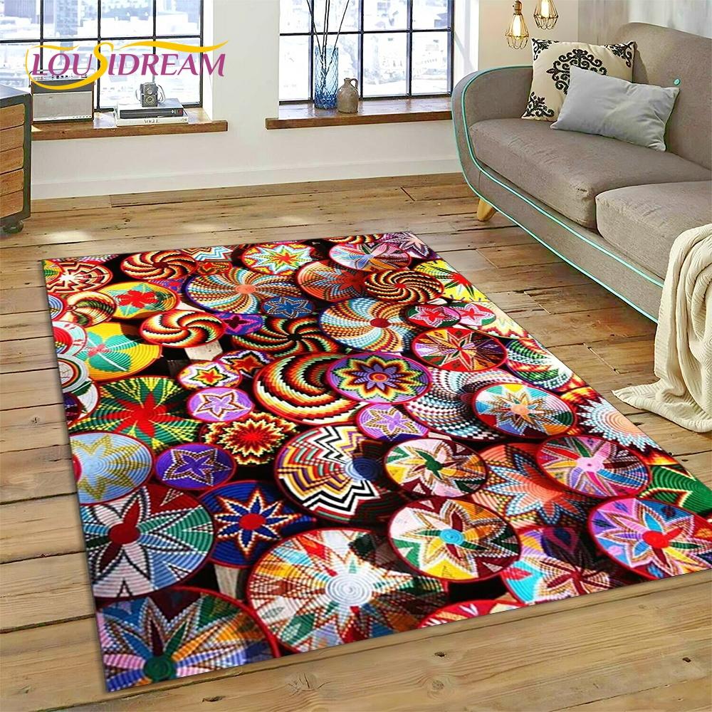 Colorful Crochet Mandala Flannel Area Rug - Boho Ethnic Woven Pattern Print Soft Mat for Living Room, Non-Slip Bohemian Home Decor #BohoMandalaRug #ColorfulCrochetMat #EthnicHomeDecor #2DWovenCarpet #NonSlipFlannelRug