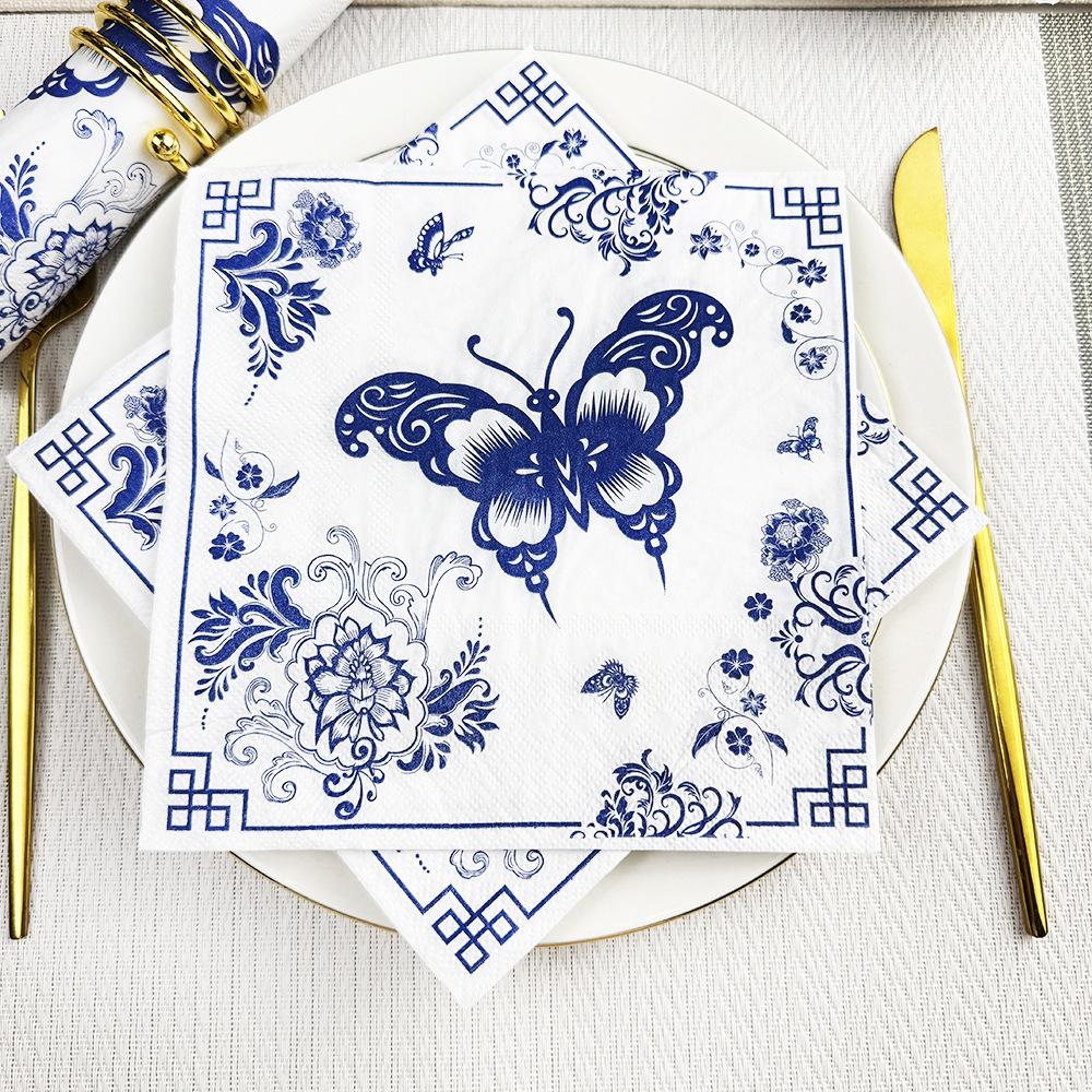 Blue Floral Bird Pattern Napkins, 2 Packs (20 Sheets/pack), Traditional Style Disposable Napkins for Wedding Party Decorations