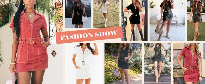 Wenrine Women's Corduroy Mini Dress Short Sleeve Lapel Zip Up Belted Cowgirl Dresses with Pockets Wenrine Women's Corduroy Mini Dress Short Sleeve Lapel Zip Up Belted Cowgirl Dresses with Pockets