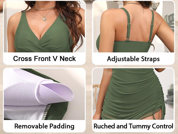 UMIPUBO Women One Piece Swimsuits Tummy Control Swim Dress Front Cross Bathing Suits Mesh Sheer Sarong Wrap Slimming Swimwear