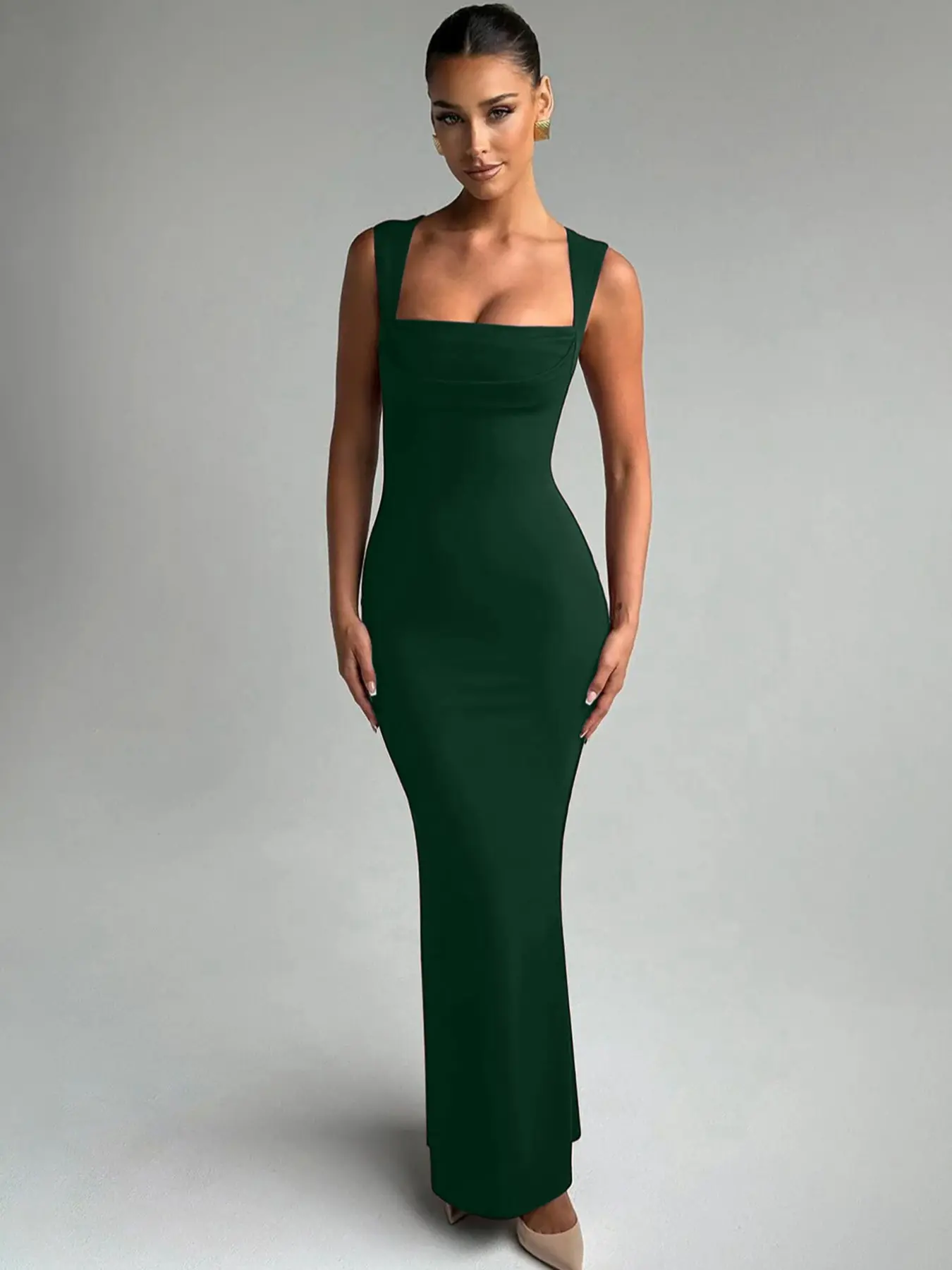 Women's Solid Color Square Neck Chic Elegant Fitted Bodycon Tank Dress, Elegant Formal Wear Sleeveless Long Cocktail Dresses for Party Club Night Out Holiday Evening, Ladies Summer Clothes, Bodycon Stretch Pencil Dress