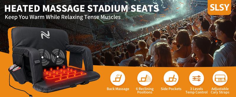 SLSY Heated Massage Stadium Seats, Bleacher Seat with Back & Arm Support, 3 Levels of Heat&Massage, 6 Reclining Positions Stadium Seating Bleacher Seats for Sports Events