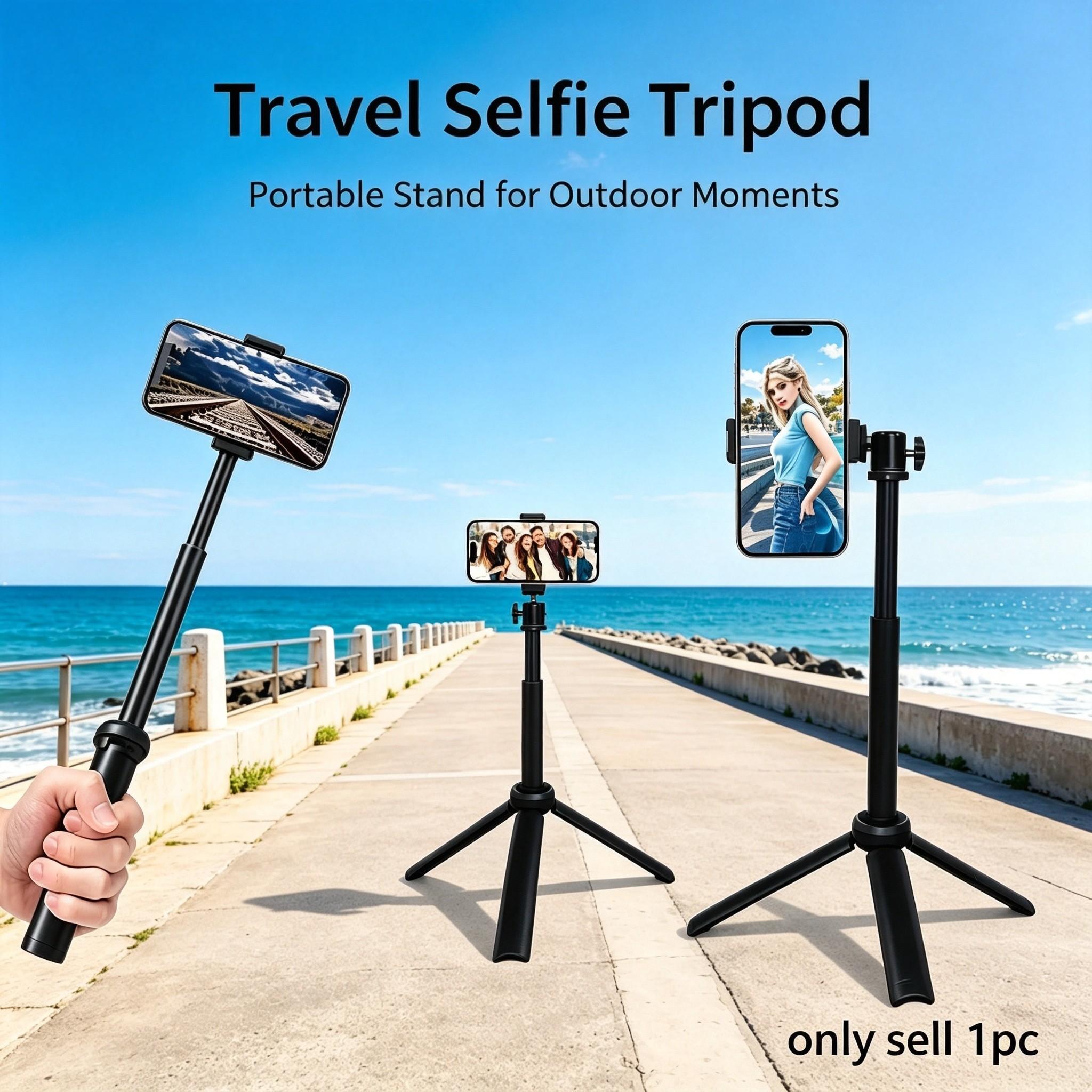 Two-In-One Extendable Selfie Stick Tripod, Portable Compact Phone Stand, Adjustable Height, Stable Base, Outdoor Travel, Vlogging, Live Streaming