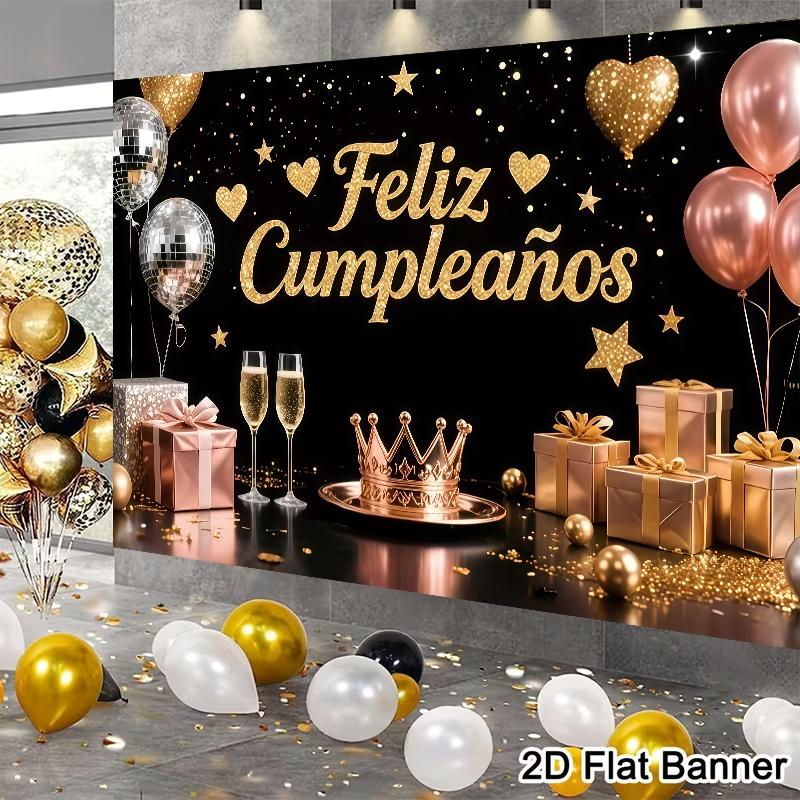 Birthday Party Background Banner, Polyester Material, Stars, Hearts, Crowns, Champagne Glasses, Home Decor, Indoor/outdoor Parties