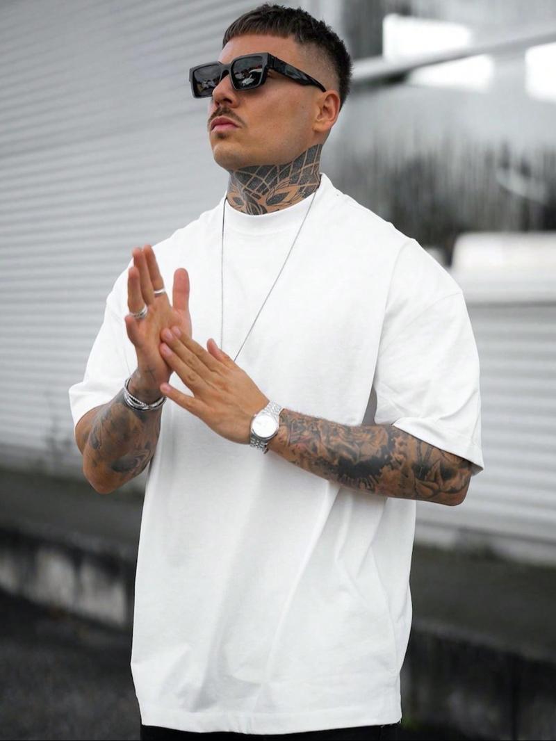 Men's Regular Fit Solid Drop Shoulder Half Sleeve Tee, Casual Comfy Round Neck T-shirt for Summer, Fashion Men's Top for Daily Wear