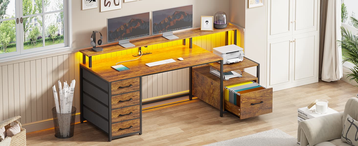 SEDETA 66-inch Home Office Desk with File Drawers and Power Outlets Printer Cabinet with Storage Shelves and Monitor Shelf, Game Table with LED Lights