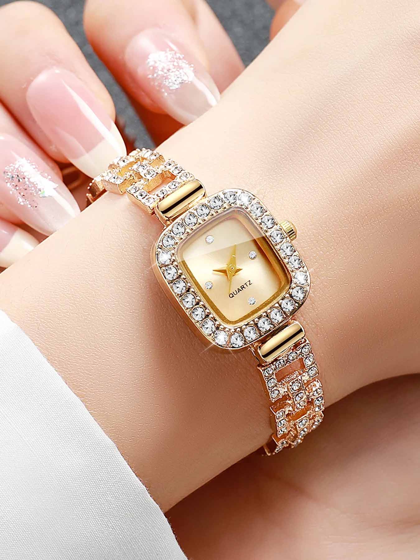 Women's Square Rhinestone Decorative Watch, Crystal Dial, Elegant Style Quartz Watch, Elegant Design, Suitable for All Seasons, Fashionable Watch