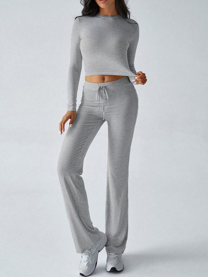 2026 Two Pieces Fall Women Clothes Y2K Sporty Casual Home Solid Color Fitted Long-Sleeved T-Shirt And Long Pants Set