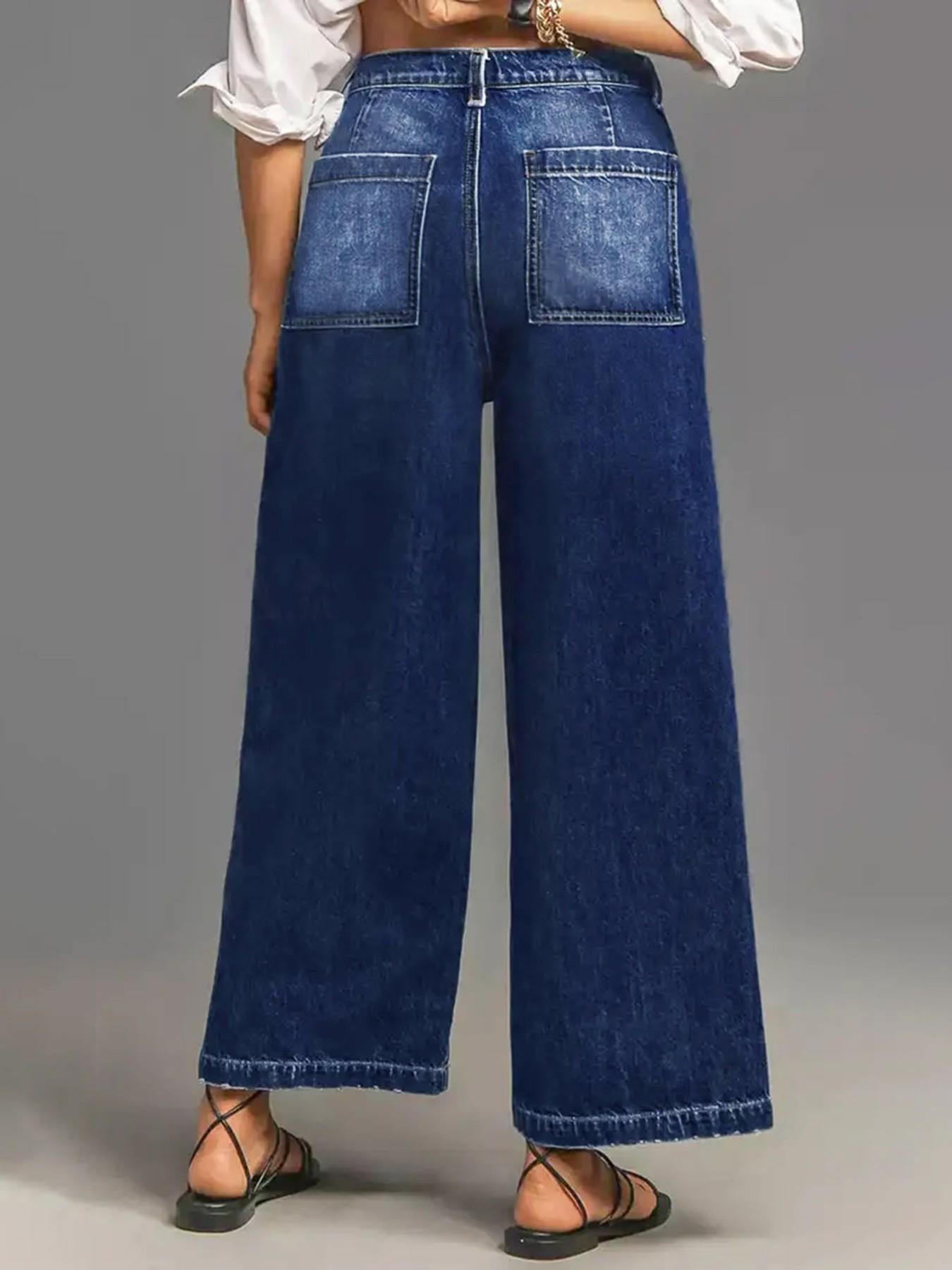 Women's Loose-Fitting Denim Wide Leg Pants, Casual Fashion Jeans, Womenswear, All Seasons Wear, Plain Pattern, Pockets, Comfortable and Stylish