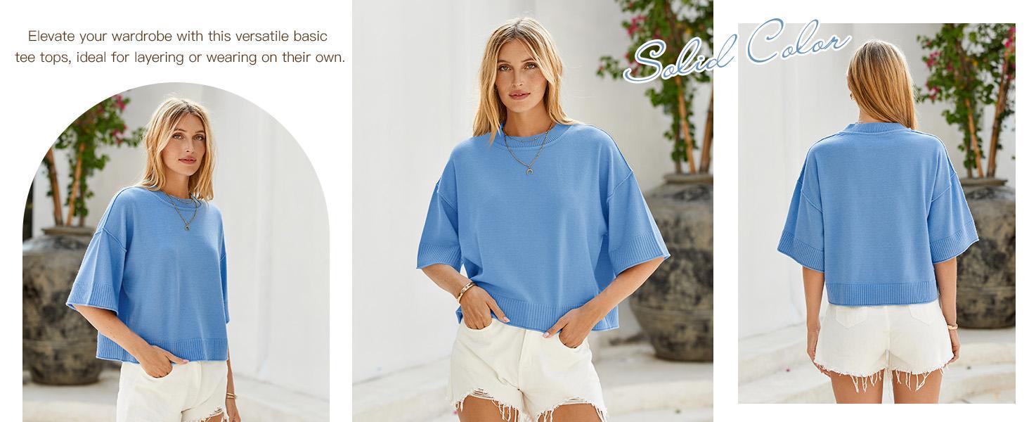 Saodimallsu Womens Short Sleeve Sweater Summer Oversized Cropped Sweaters Casual Crewneck Lightweight Knit Tops Knitting Style Womenswear Knitwear Fabric Saodimallsu Womens Short Sleeve Sweater Summer Oversized Cropped Sweaters Casual Crewneck Lightweight Knit Tops Knitting Style Womenswear Knitwear Fabric