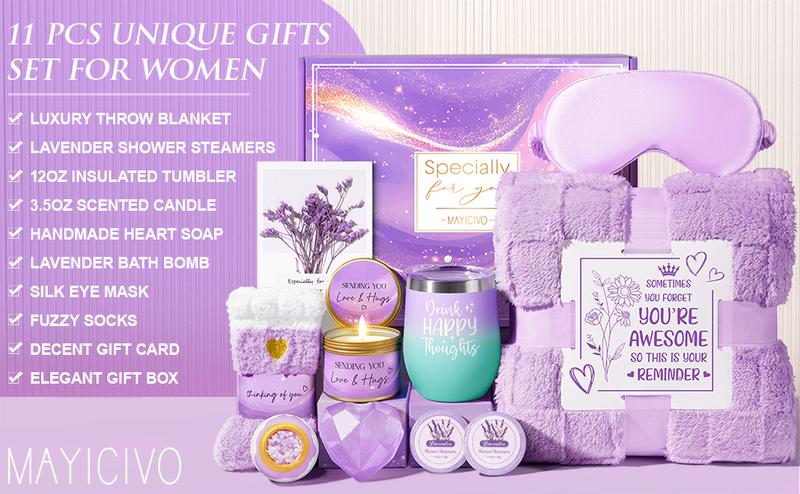 MAYICIVO Relaxing Spa Gift Basket for Women - 11PCS Self Care Set with Blanket Tumbler Candle & More Perfect for Christmas Birthday Mother's Day Valentine's Day