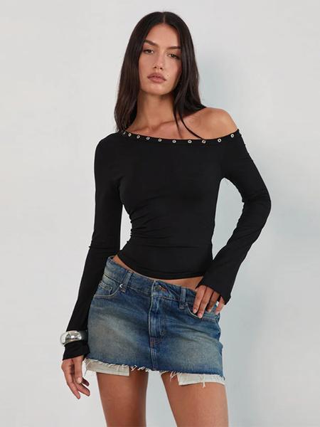 Women's Long Sleeve off Shoulder Top, Casual Knitted Fabric, Perfect for Spring & Fall Seasons, Stylish Design for Daily Wear, Basic Womenswear