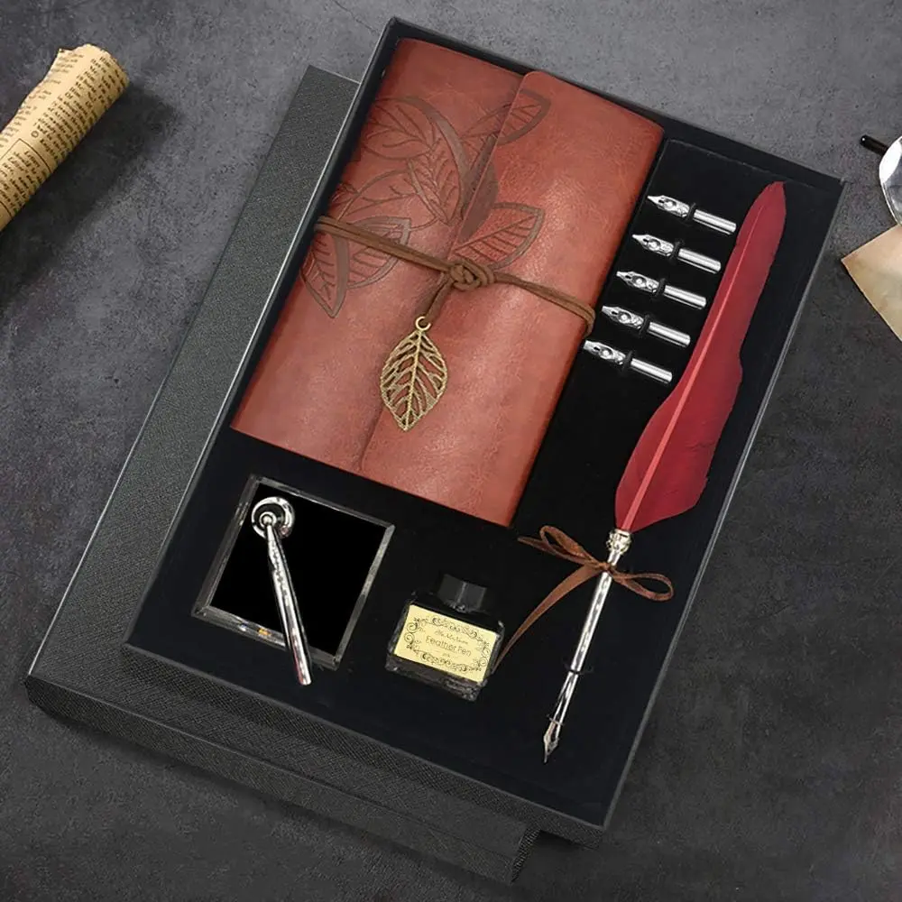 Quill Pen and Ink Set –  Calligraphy Writing Kit with 5 Nibs, Journal Notebook, Ink Bottle, Pen Holder,  Box for Men and Women (Red)