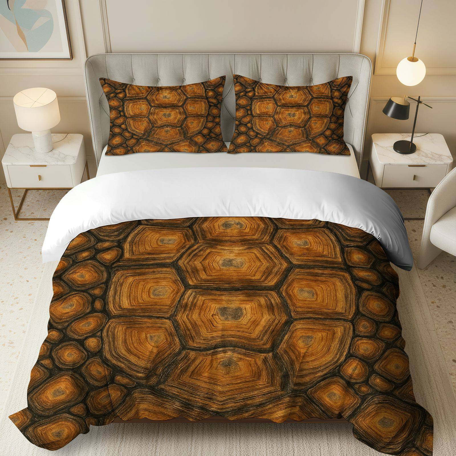 3PCS Duvet Cover Set, 1 Duvet+2 Pillowcases(Without filler), Tortoise Shell Hexagonal Retro Nature Earthy theme, Thanksgiving bedding set, decorative bedding Suitable for decoration bedroom, guest room, hotel room, vacation home.