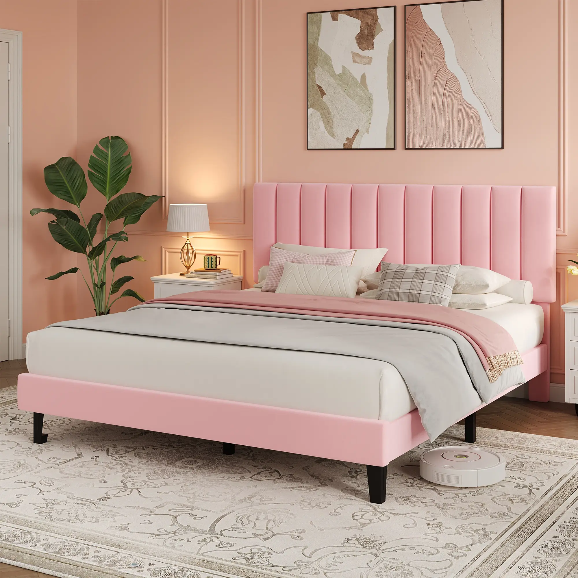 Velvet Upholstered Bed Frame, Platform Bed with Adjustable Vertical Channel Tufted Headboard, No Box Spring Needed, Easy Assembly