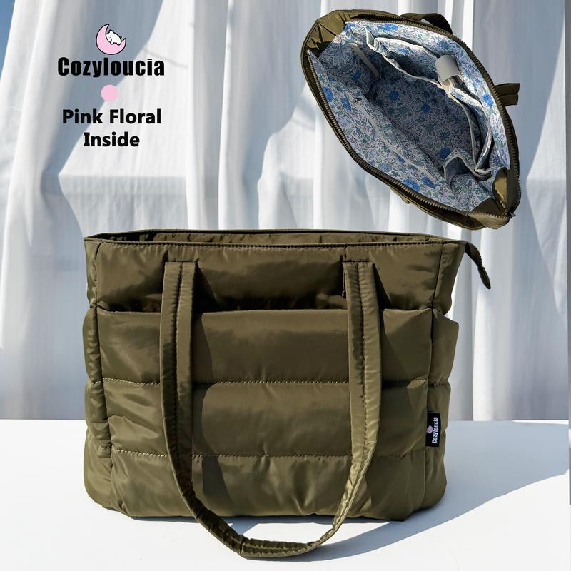 CozyLoucia Cute Puffer Tote Bag for Women Pink Flower Print Interior Laptop Shoulder Handbag, Lightweight Best Tote Bag for Work with Multiple Compartments for Travel , Work  and School ,Christmas Gift Ideas