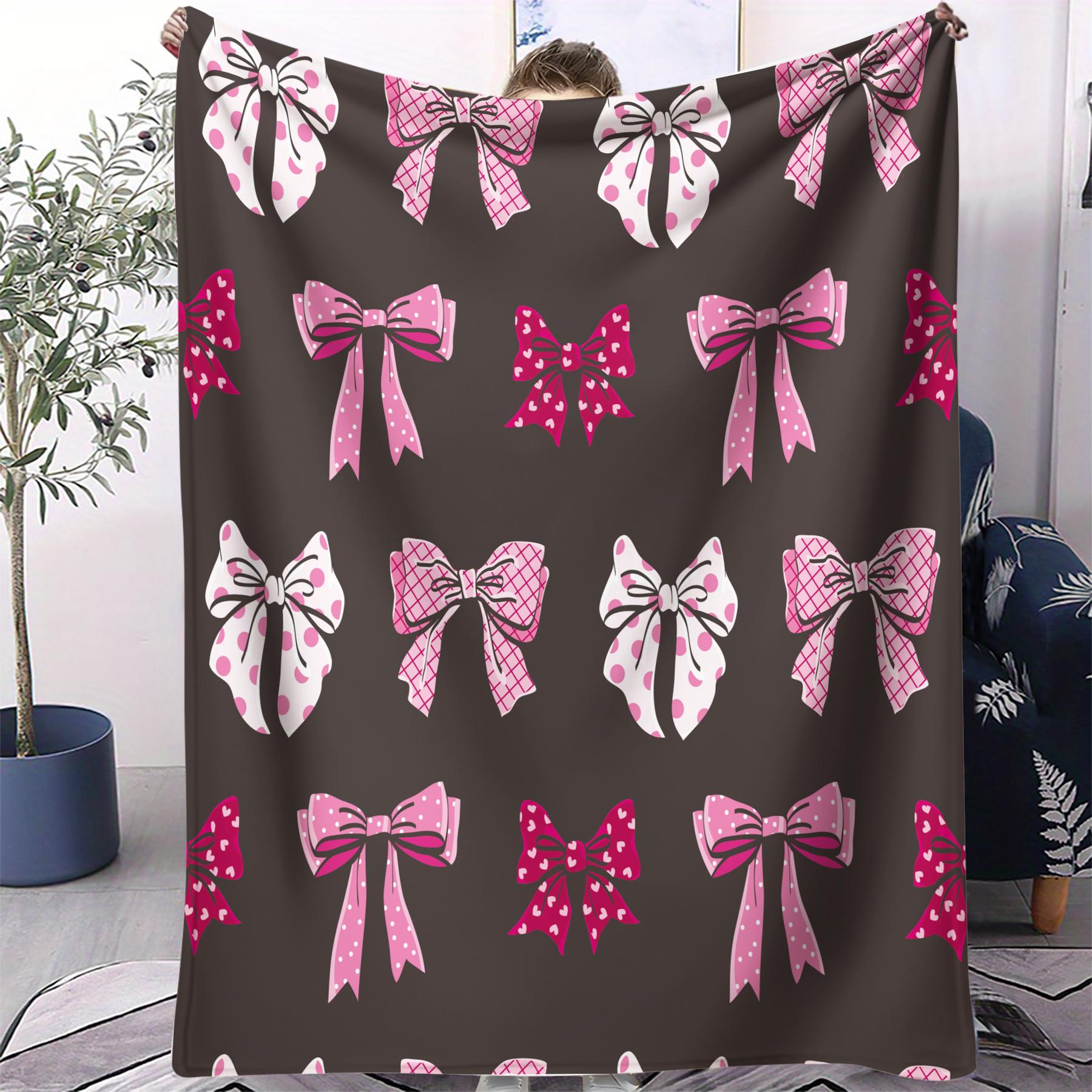 1Pcs Coquette Pink Bow Digital Print Flannel Blanket, Sweet Y2K Aesthetic Throw Blanket, Soft Fluffy Lightweight Warm Blanket, Cozy All-Season Gift Blanket, Perfect for Bedroom, Sofa, Dorm, Living Room & Travel Use