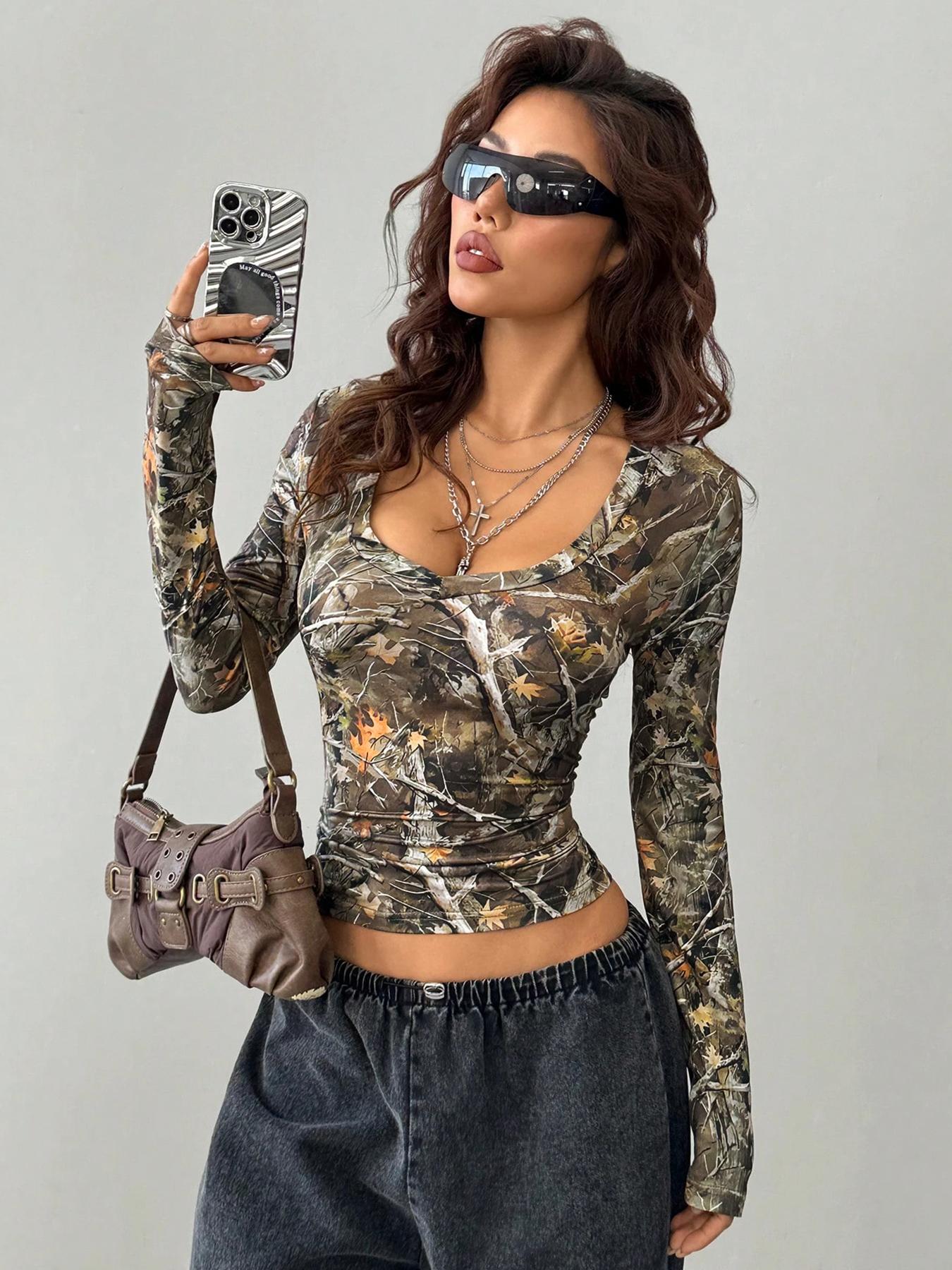 Women's Plain / Camo Print Tee, Casual Long Sleeve V Neck T-shirt for Fall & Winter, Women's Clothing for Daily Wear, Womenswear