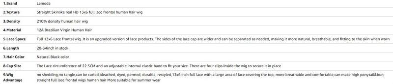 Lemoda 210% Density Full 13x6 SKINLIKE Real HD Lace Frontal Wigs Straight 13x6 Full Lace Frontal Virgin Human Hair Wigs Invisible 0.1mm Ultra-thin Knots Frayed Ends Lace Wig