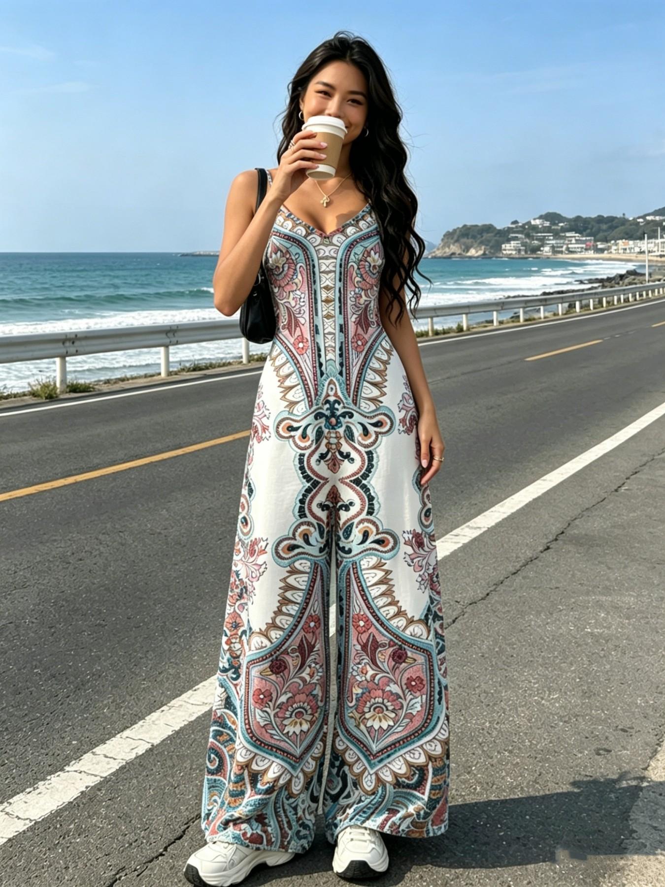 Boho Style Halter Top Wide Leg Pants Jumpsuit, Flowy Design for Hiding Belly Fat, Perfect for Vacation & Daily Wear, Comfortable & Stylish